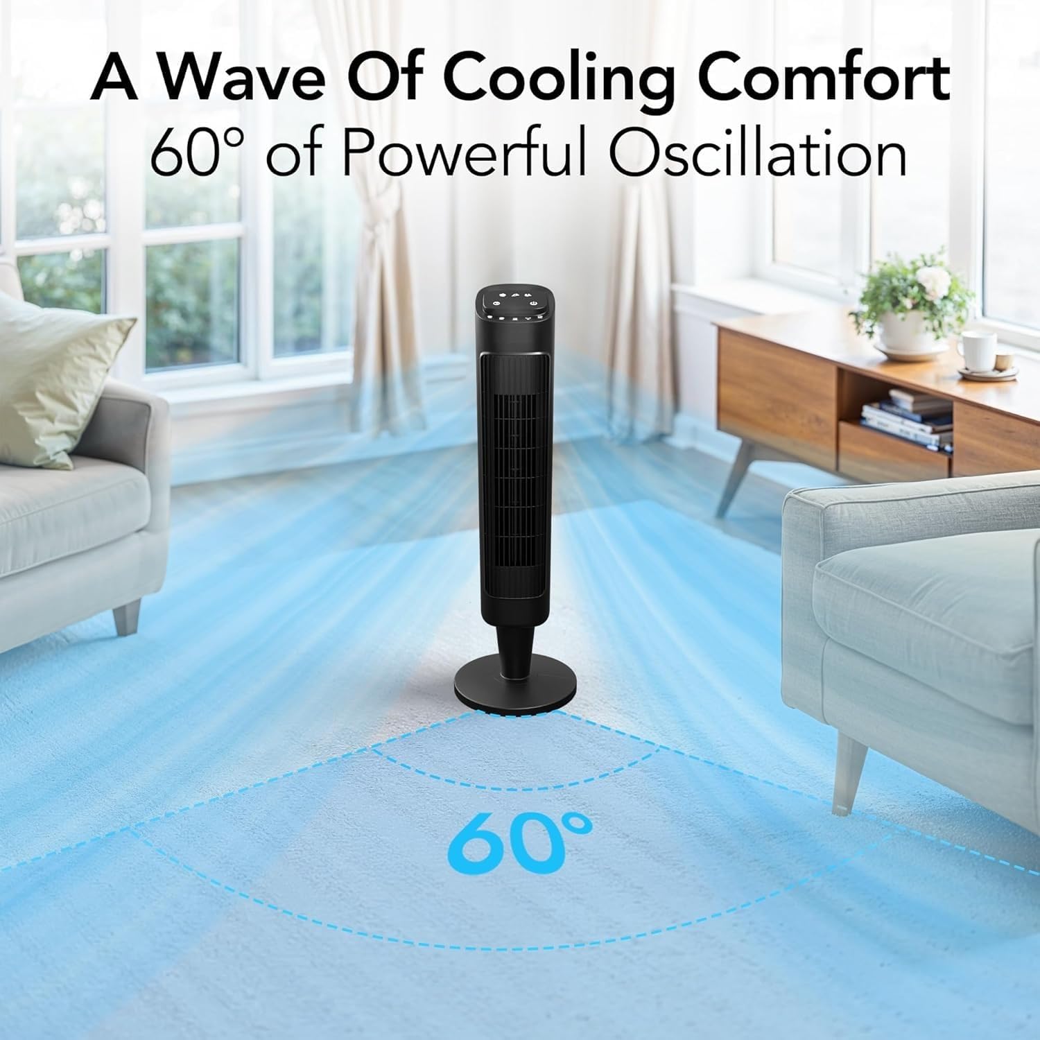 EZ-CHILL 36” Tower Fan with Remote Control for Home, 60 Degree Oscillation, 3 Speeds, 12H Timer, Carry Handle, Black