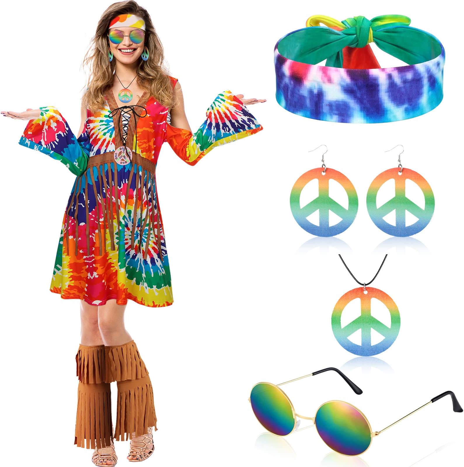 Jinei 60s 70s Hippie Outfit for Women Costume Set with Dress Disco Cloth Ankle Socks Peace Sign Earring Necklace Headband