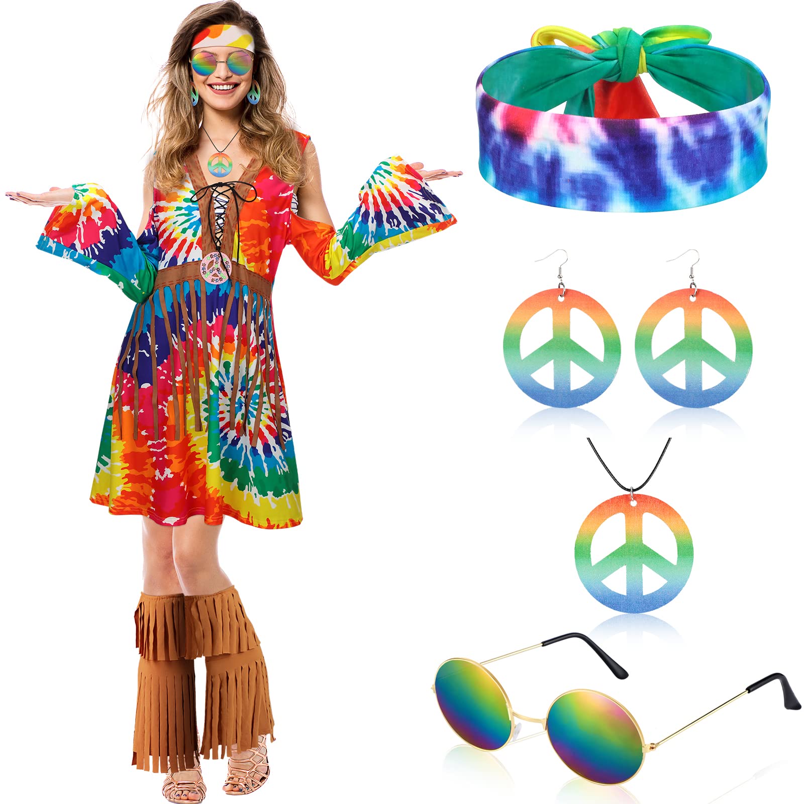 Jinei 60s 70s Hippie Outfit for Women Costume Set with Dress Disco Cloth Ankle Socks Peace Sign Earring Necklace Headband