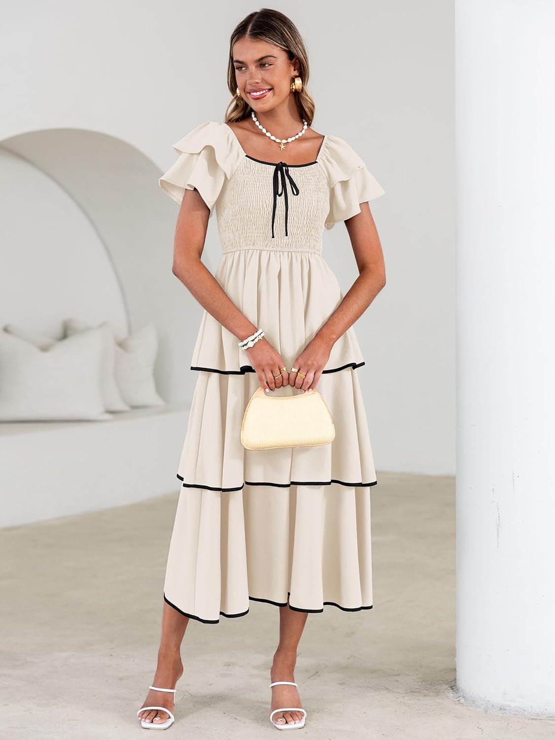 BerryGo Womens Summer Flowy Wedding Guest Maxi Dress Smocked Tiered Boho Casual Short Sleeve Square Neck Ruffle Dresses - Image 3