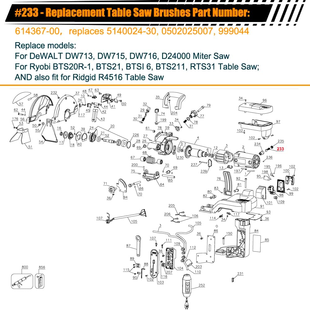 614367-00 Replacement Miter Saw carbon brushes & lead for DeWALT DW713, DW715, DW716 D24000 Compound Miter Saw, replaces 5140024-30, 0502025007, 999044 TILE SAWS brushes(4 PACK)
