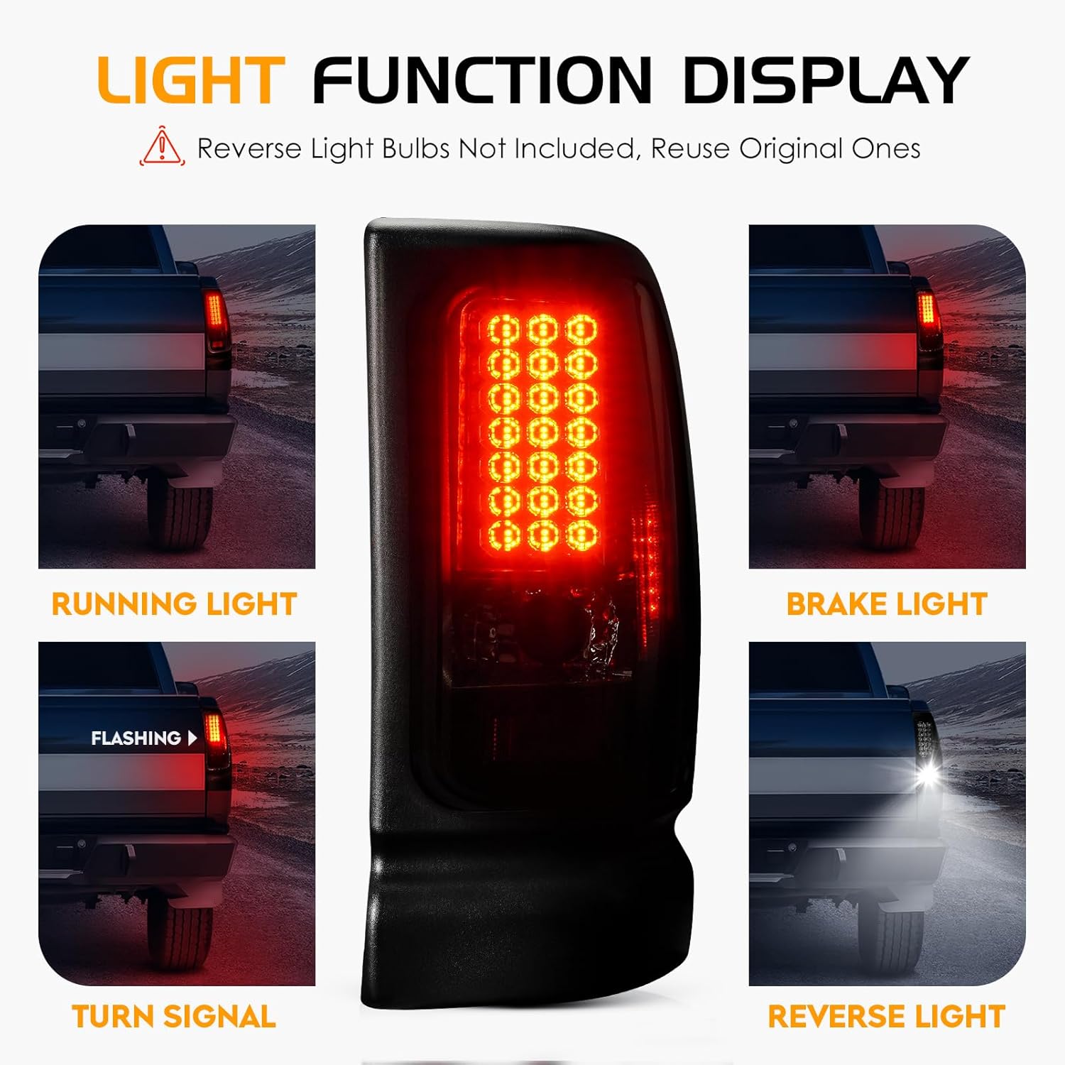 LED Tail Light + 3rd Brake Light Kit Fit for Dodge Ram 1500 1994-2001, for Ram 2500 3500 1994-2002, Taillights and High Mount Stop Light, 3 Pcs, Smoke Lens
