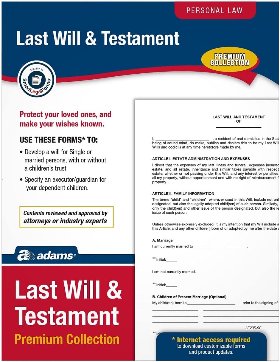 Adams Last Will and Testament, Forms and Instructions, Downloadable Product Details on Packaging, USA Only (LF235) 11x"8.5"x0.13"
