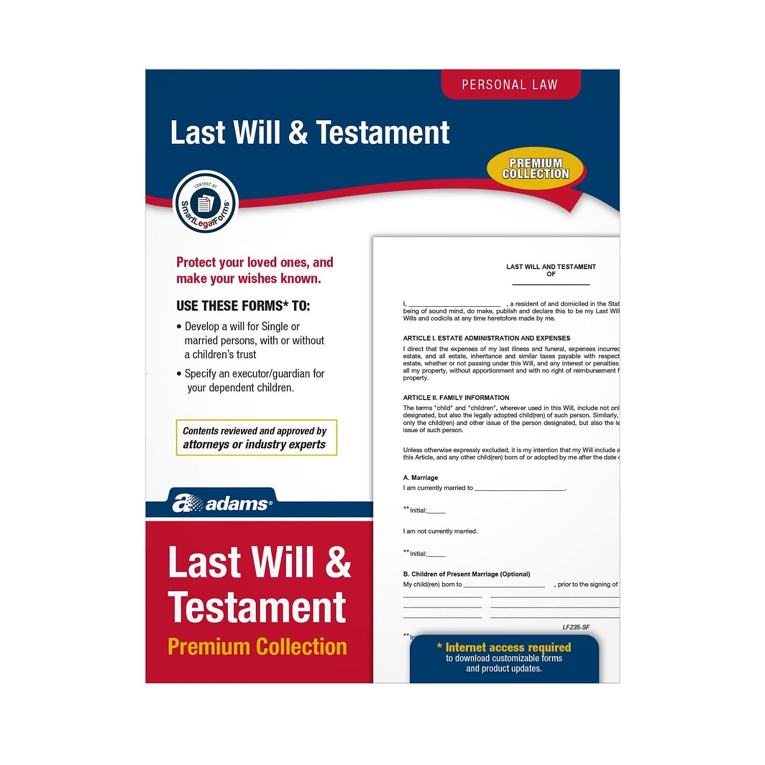 Adams Last Will and Testament, Forms and Instructions, Downloadable Product Details on Packaging, USA Only (LF235) 11x"8.5"x0.13"