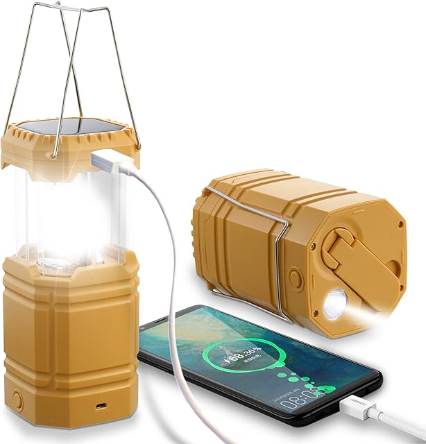 ROCAM LED Solar Camping Light, Camping Wind up Lantern, Hand Crank Rechargeable Emergency Light with 3000mAh Battery for Camping, Hiking, Fishing, SOS, Outdoor, Hurricane-Yellow
