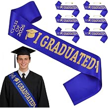 I Graduated Sash for Class of 2026, Blue with Gold Letters Graduation Party Supplies, Congrats Grad Cheerleader Senior Sash, 6 Pack Blue