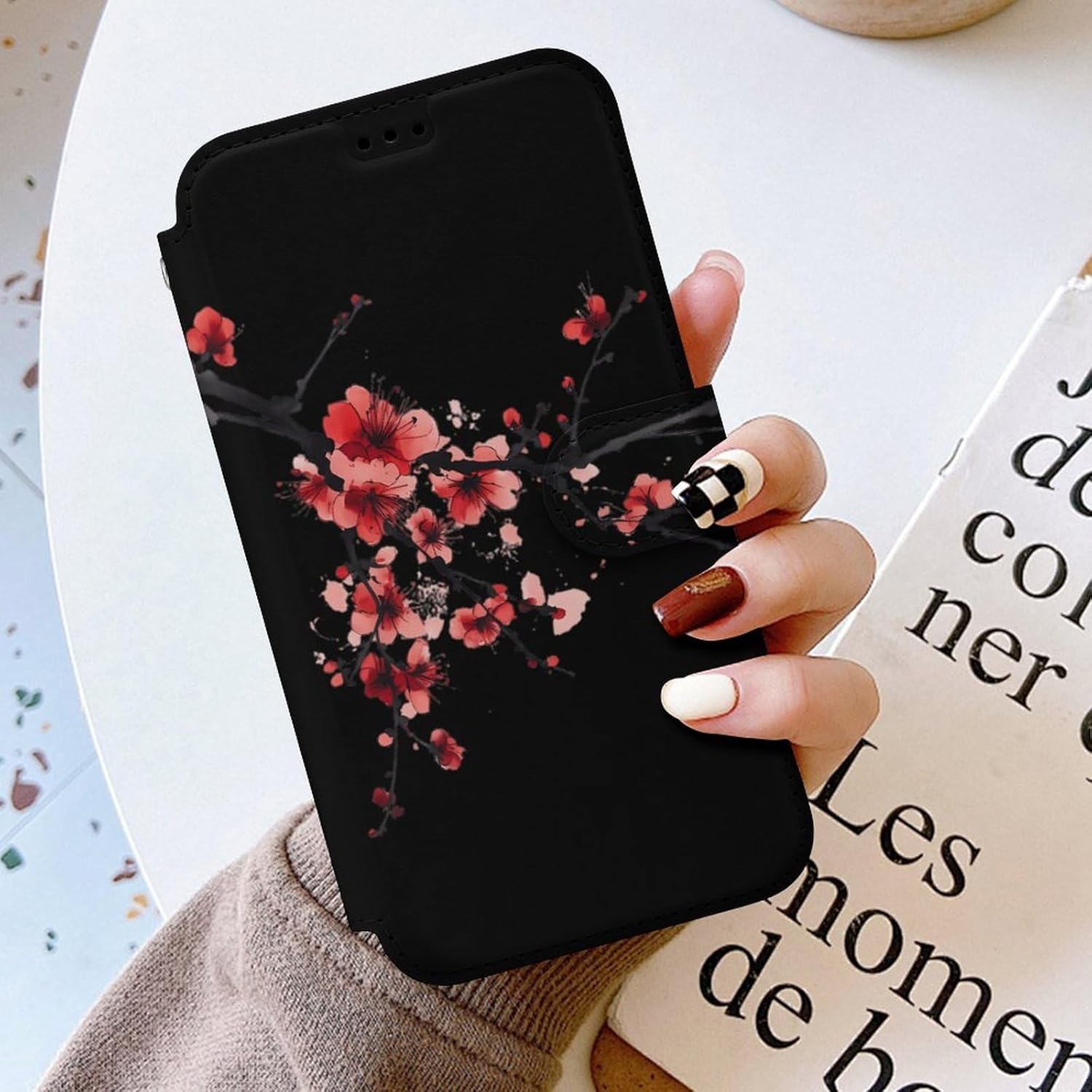 Red Blossoming Flowers Cherries Compatible with iPhone 16/16 Plus/16 Pro/16 Pro Max/16 E Case Phone Wallet Card Holder Flip Cover with Wrist Strap