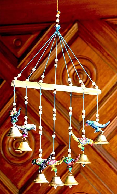 Anupam Enterprises Bamboo Indian Rajasthani Handmade Traditional Art Home Decoration Wall Hanging Peacock Wind Chime with Bells for Temple, Entrance, House Warming (Multicolor)