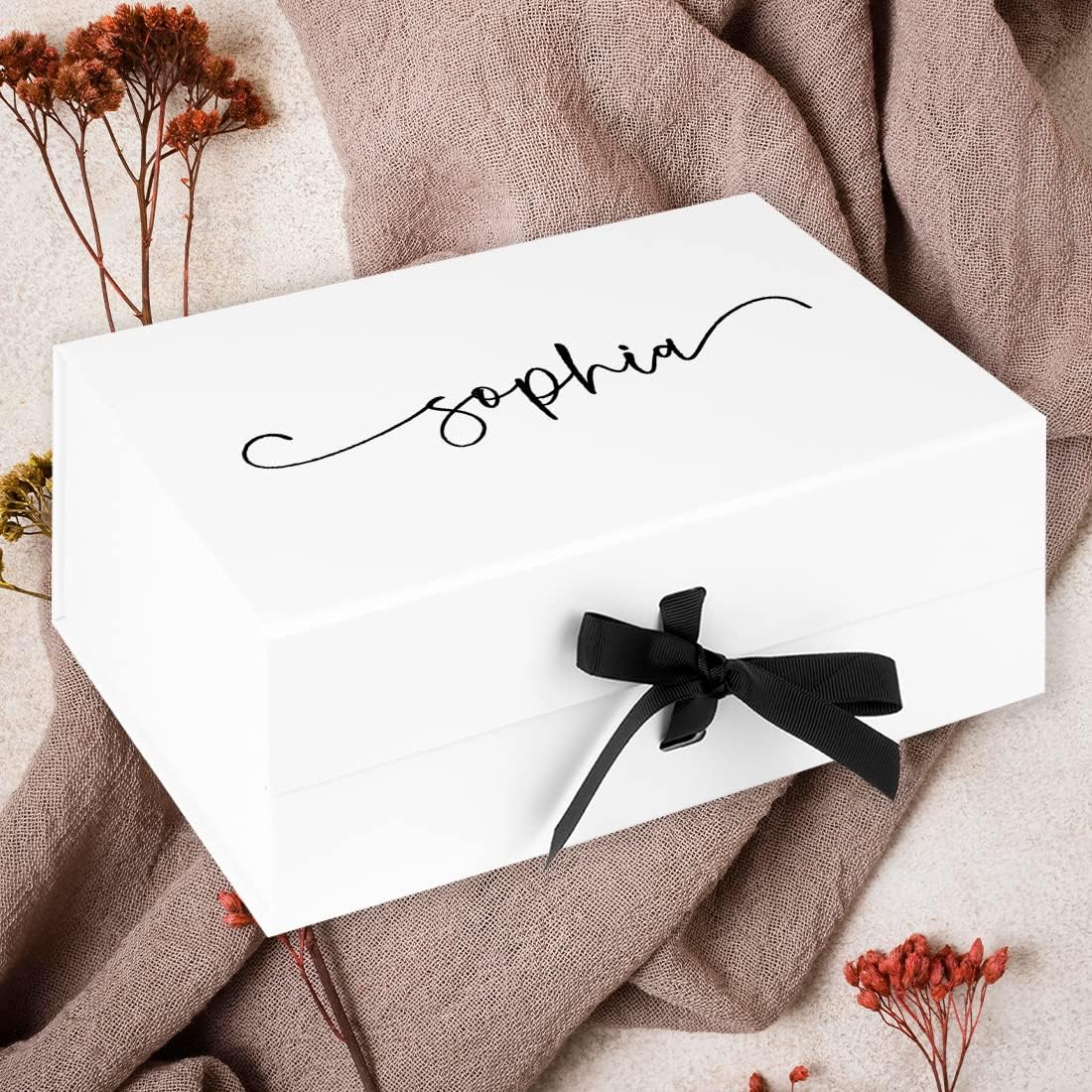 Andaz Press Custom Bridesmaid Proposal Box - Gift Boxes with Lids for Maid of Honor, Flower Girls & Bridesmaid Proposal Gifts White Gift Box w/Personalized Script Name & Ribbons, 10" x7"x 4", 1-Pack