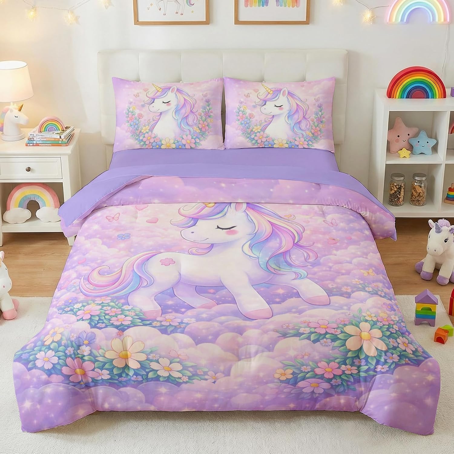Unicorn Bedding Set Twin for Girls, 5-Piece Kids Bed in a Bag Comforter Set for Kids Bedroom Decor, Rainbow Fantasy Design, Deep Pocket Sheets, Soft & Breathable, Machine Washable