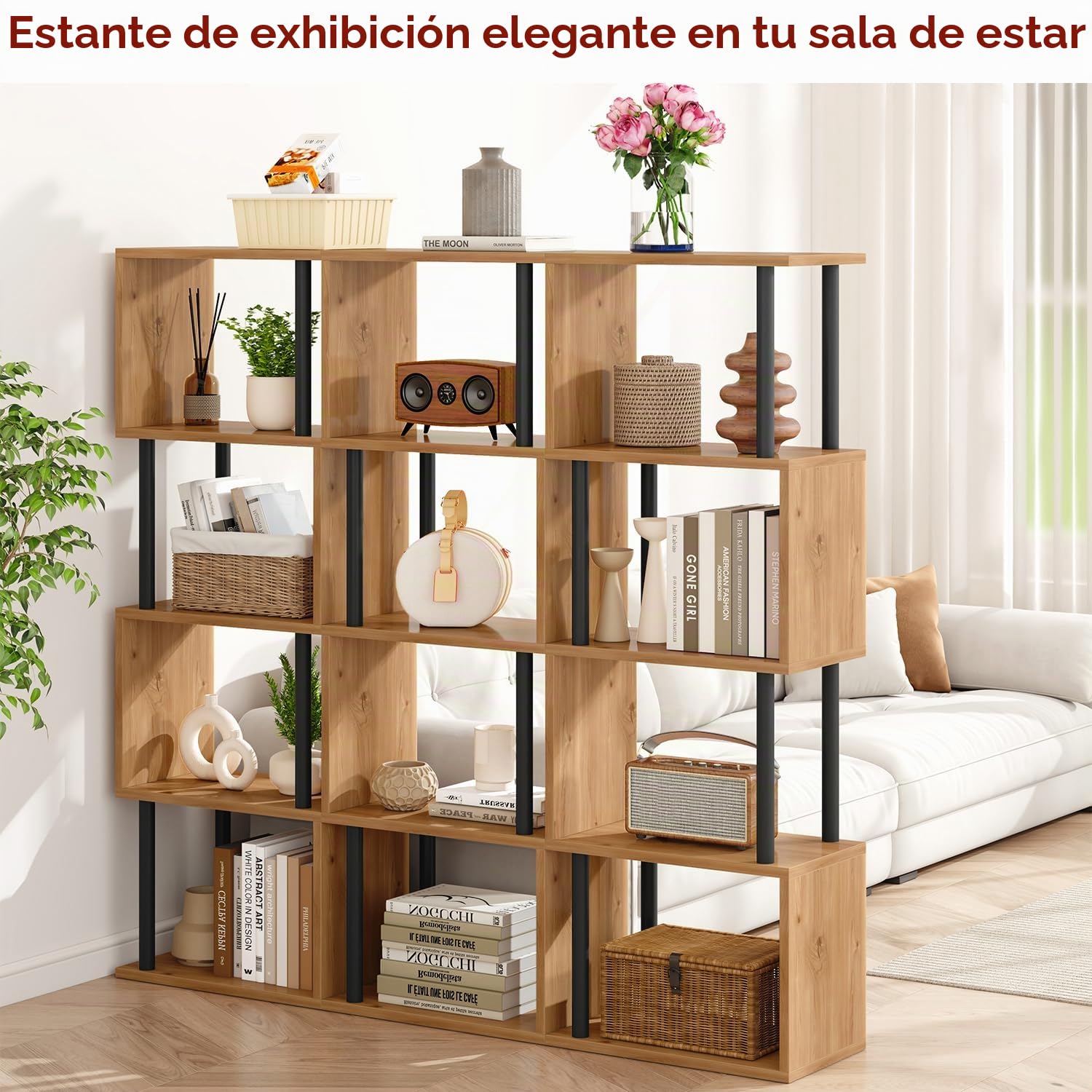 IBUYKE Libreria Estanteria Moderna,Librería En Forma De S De 5 Niveles,Estantería De Exposición,Librería Vertical Almacenaje para Sala De Estar, Dormitorio, Oficina En Casa,Roble WBC015W