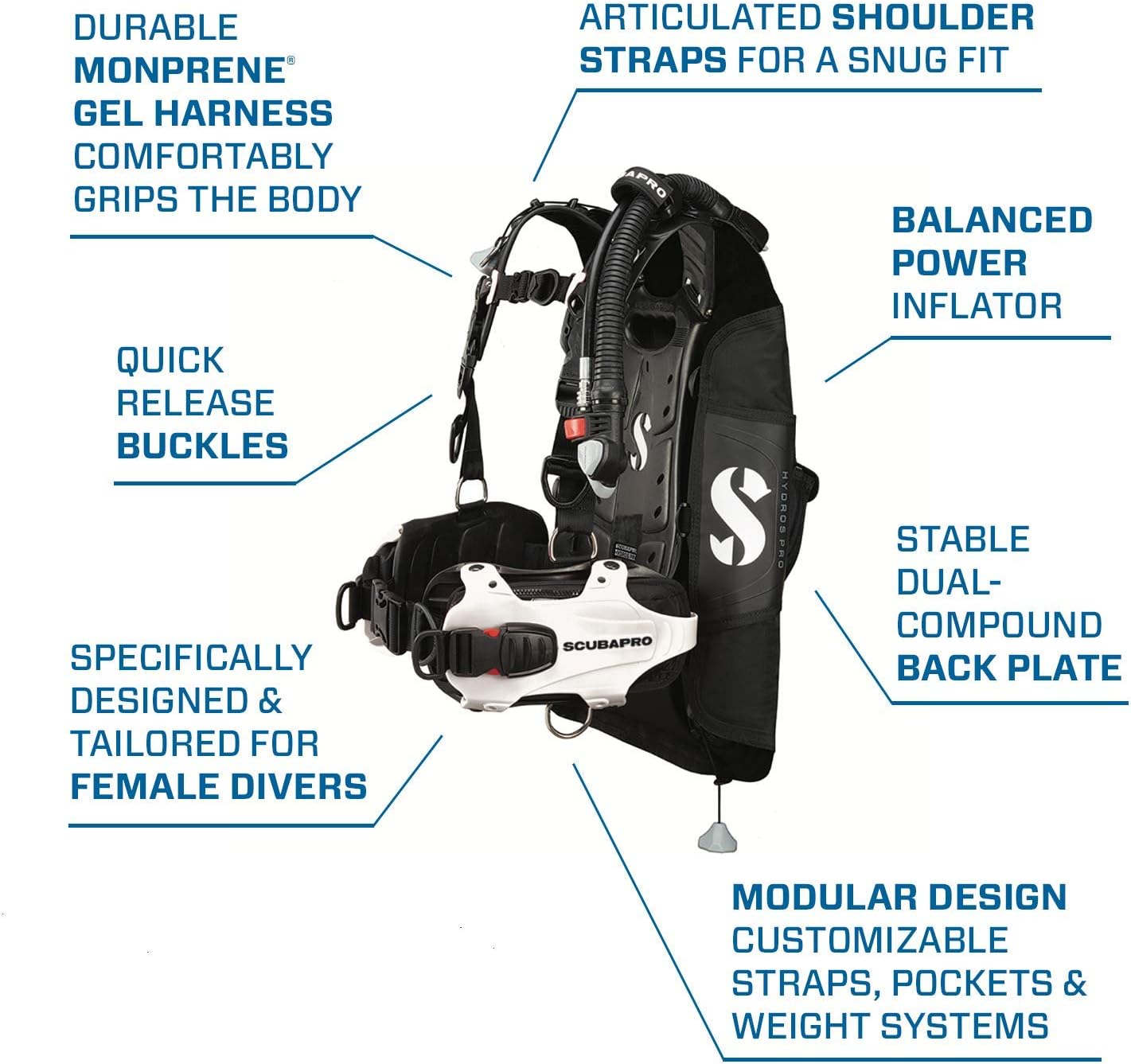 SCUBAPRO Hydros Pro Women’s Back Inflated Scuba BCD for Recreational and Travel Scuba Diving