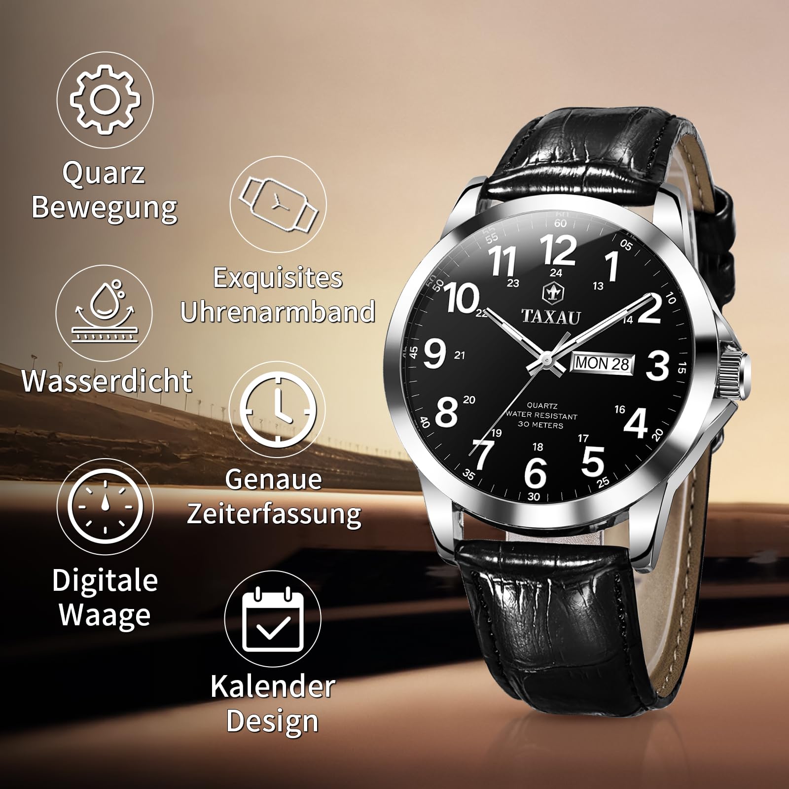 Taxau - Reloj impermeable para hombre de cuero - Reloj luminoso para hombre - Reloj de negocios con fecha de ocio