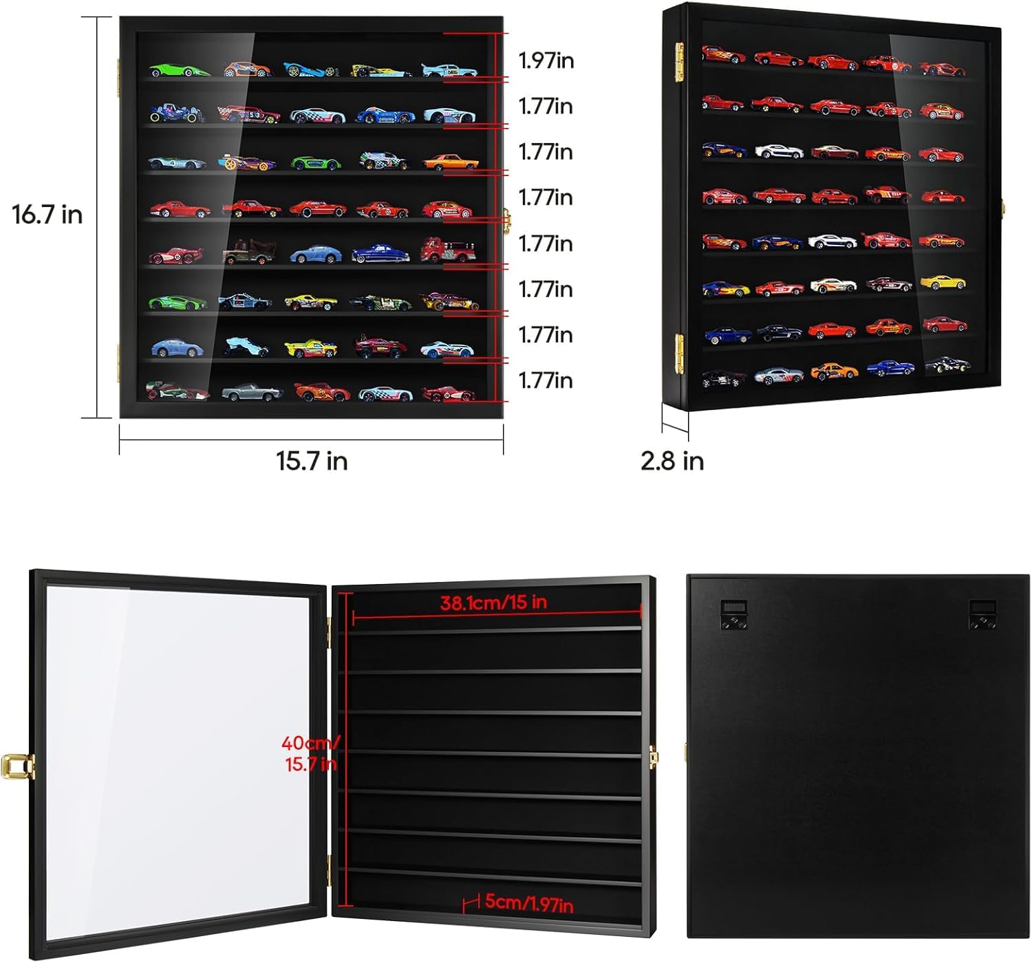 TJ.MOREE Model Car Display Case 1/64 Scale Diecast Wall-Mounted for Mini Toys and Small Wheels, Black