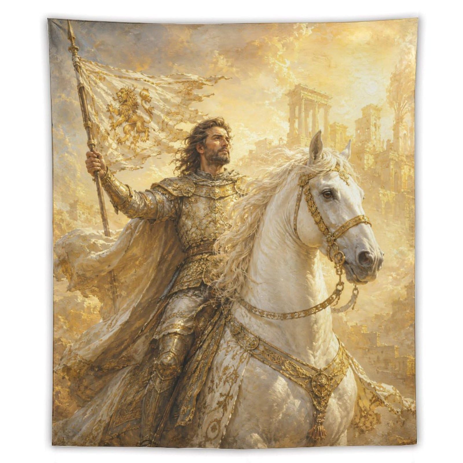 W7C8U2X3 Radiant Knight Wall Tapestry, Renaissance Art, Sunlit Ruins