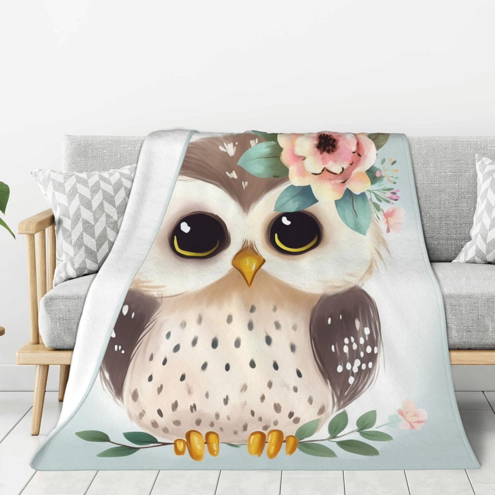 Cute Owl with Flowers Throw Blanket Plush Flannel Fleece Blanket, Soft Lightweight Cozy Blankets 80"X60" for Bed Couch Sofa Travel