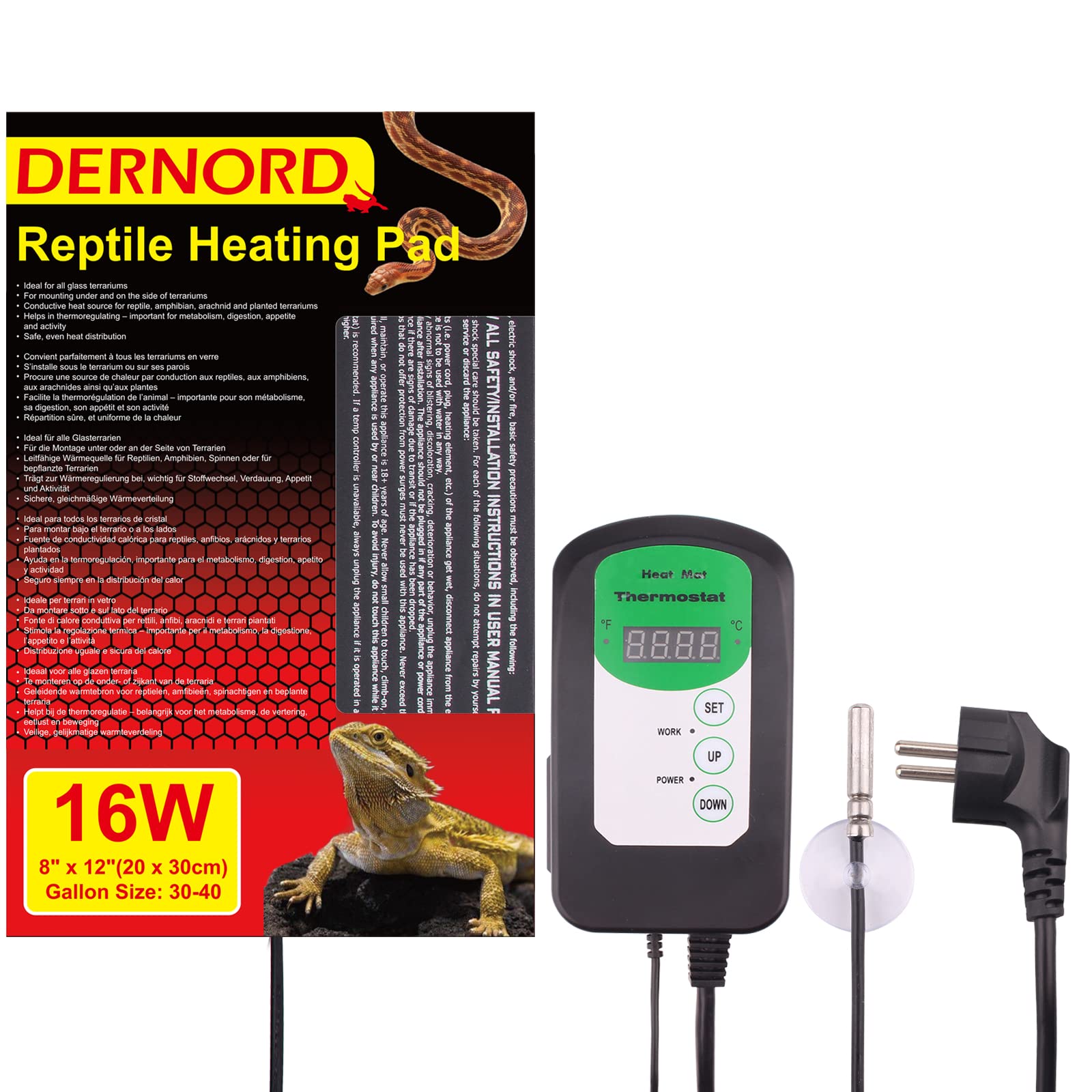 DERNORD Tappetino riscaldante con termostato 16 W – rettili terrario con regolatore di temperatura Vivarium Heating Mat per Bearded Dragon tartarughe Geco accessori
