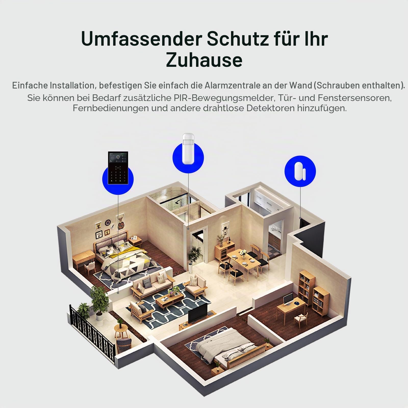 GSM + WLAN Alarmanlage Haus, Smart Komplettsysteme mit APP, 120dB Sirene, 21 Stück: Tür- und Fenstersensoren, Bewegungsmeldern, Fernbedienung, Funktioniert mit Alexa