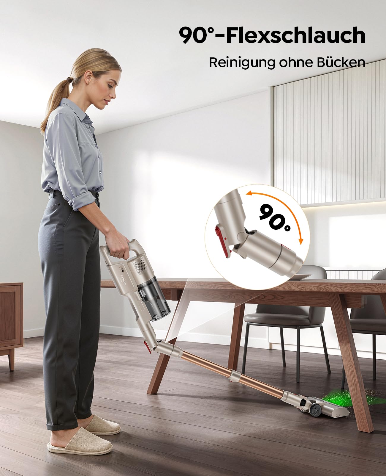 Akku Staubsauger,550W/45kPa/50Min Staubsauger Kabellos mit Flexibles Biegegelenk, HD-Display, Anti-Tangle-Bürste, Akkustaubsauger mit grünem LED-Licht Bürste für Teppiche,Hartböden und Tierhaare