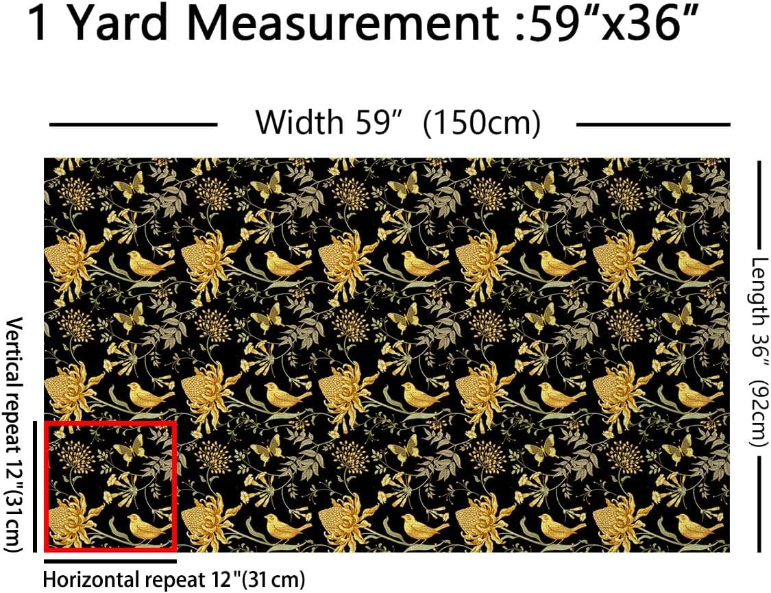 Chrysanthemum Fabric by The Yard,Birds Butterfly Retro Flower Print Upholstery Fabric for Curtains Lamp Shade,Garden Theme Vintage Style Sewing Fabric for Kids Gifts DIY Projects,5 Yards