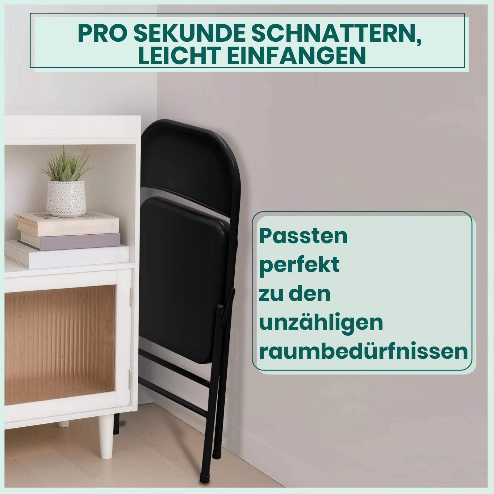 Vollstahl-Klappstuhl 4er Set, Schwerlast-Metallklappstuhl, Ergonomische Rückenlehne, Leicht&platzsparend, Tragfähigkeit 150 kg, Tragbarer Stuhl für Zuhause, Büro, Party, Hochzeit (4, Schwarz)