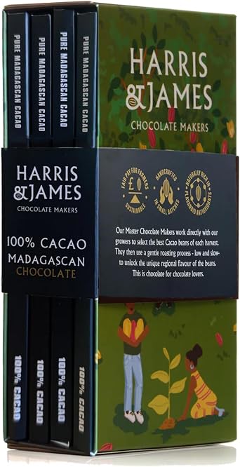 Harris & James 100% Cacao Chocolate Bars. Made From Madagascan Cacao, Naturally Rich In Flavonoids & Antioxidants. Bean To Bar Chocolate Suitable For Vegans.