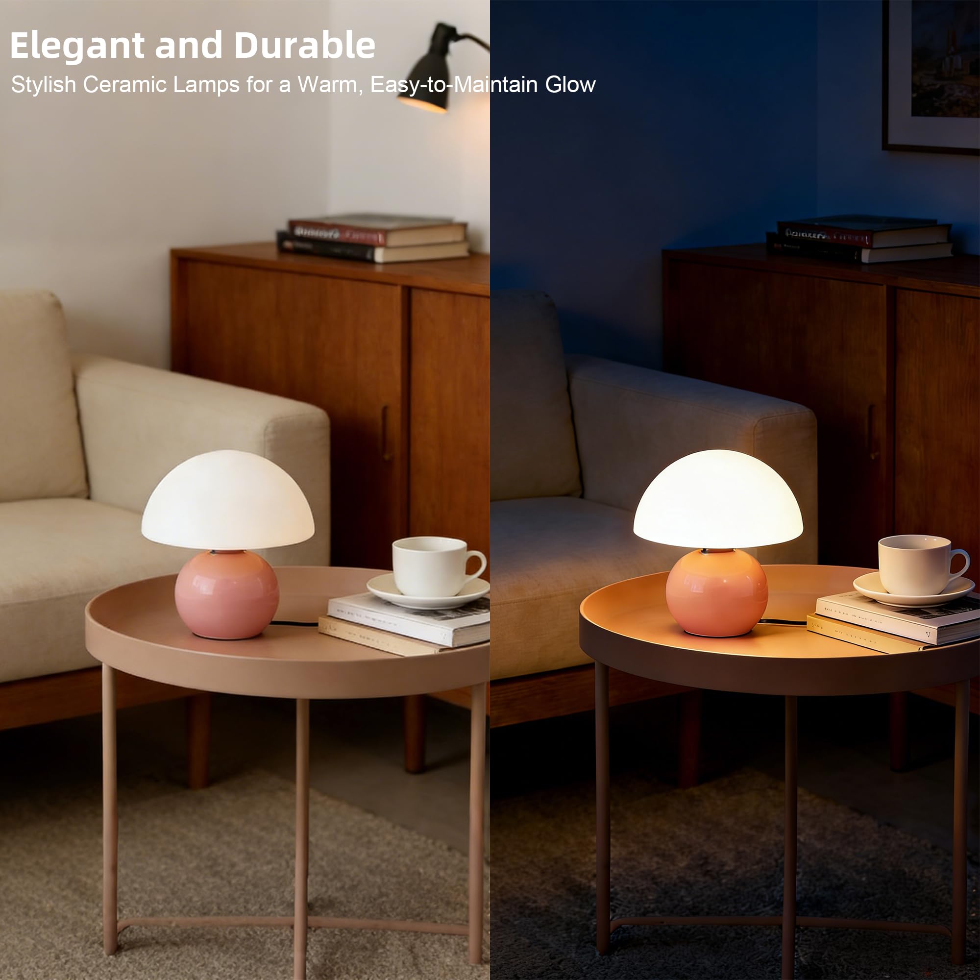 Led Dimmbar Tischleuchte Deko Wohnzimmer, Nachttischlampe Tischlampe, Schlafzimmer Tischlampen, Mushroom Bedside Table Lamp, Keramikbasis Glas Klein Nachtlampe（Pink）