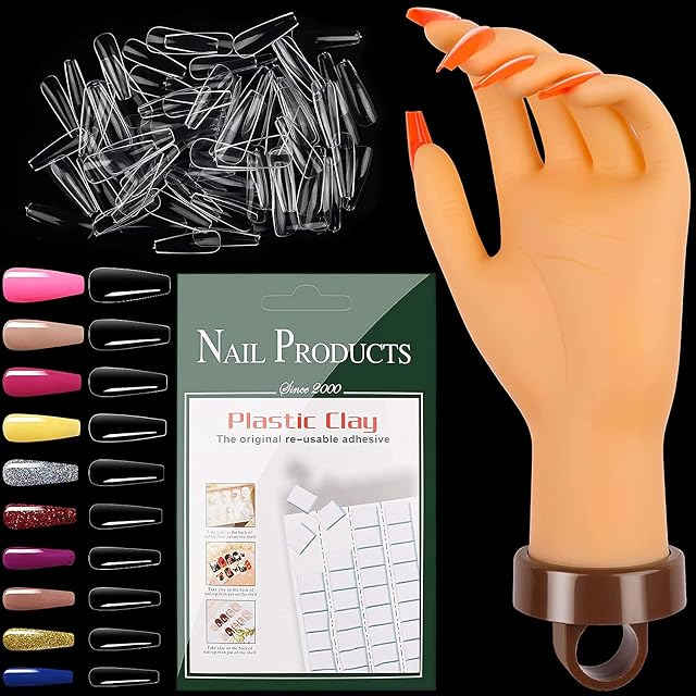 EBANKU Nail Practice Hand, Flexible Fake Hand Model Acrylic Nail Art Training Hand with 54PCS Nail Practice White-Clay and 500PCS False Nails Tips for Nail Art Practicing