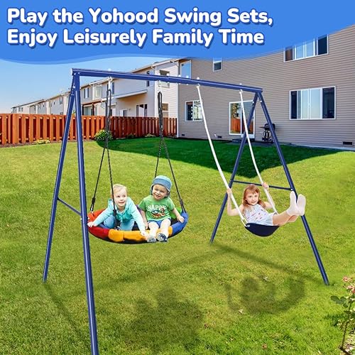 Miniatura 5 de Juego de columpio para exteriores para niños juegos de columpio para patio trasero con platillo ajustable y asiento oscilante juego para niños al