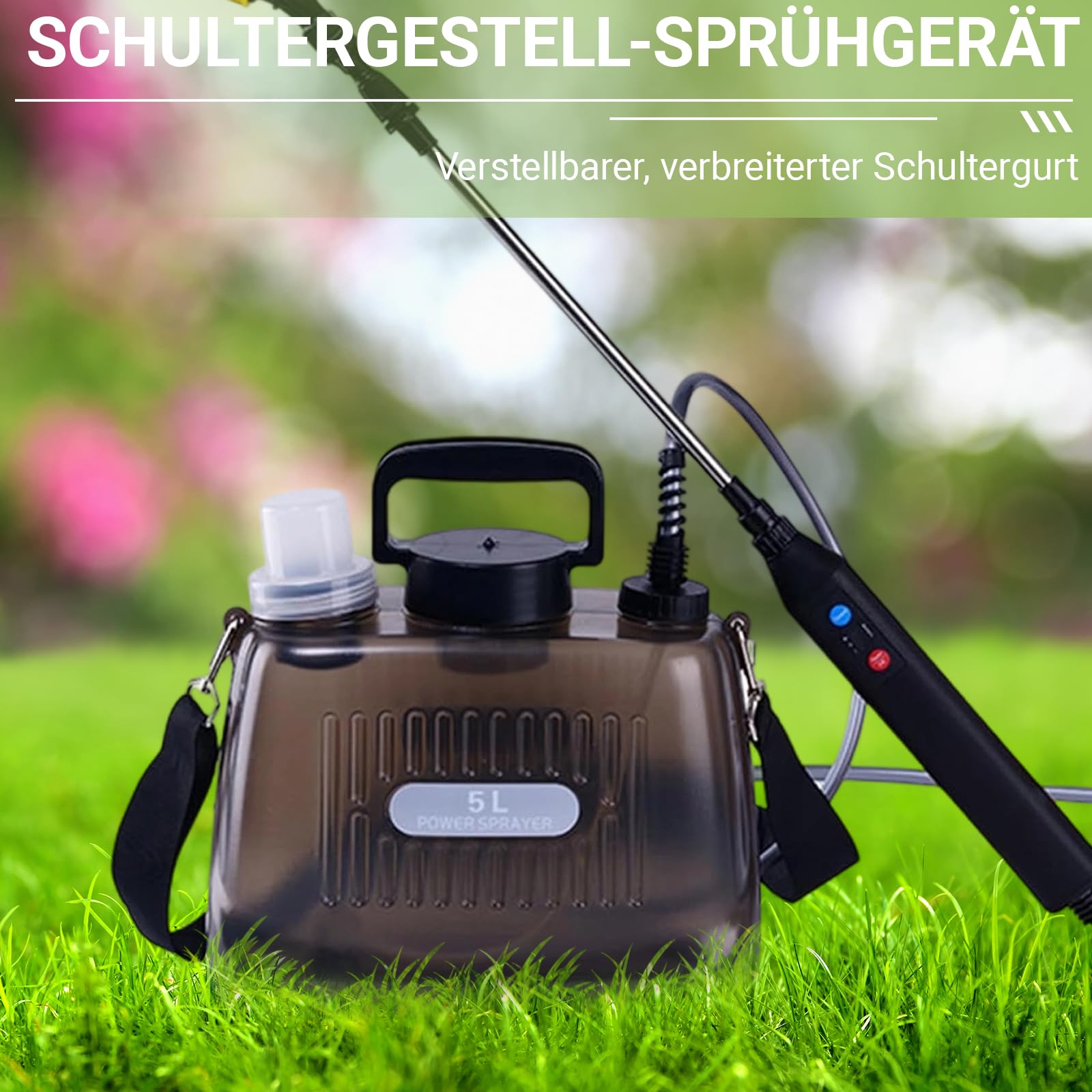 Spruzzatore Elettrico 5L, Nebulizzatore Giardino con 3 Ugelli Regolabili, Impugnatura ricaricabile USB, 60 cm Asta Telescopica e tracolla regolabile, Spruzzatore per Erbacce da Giardino e Piante