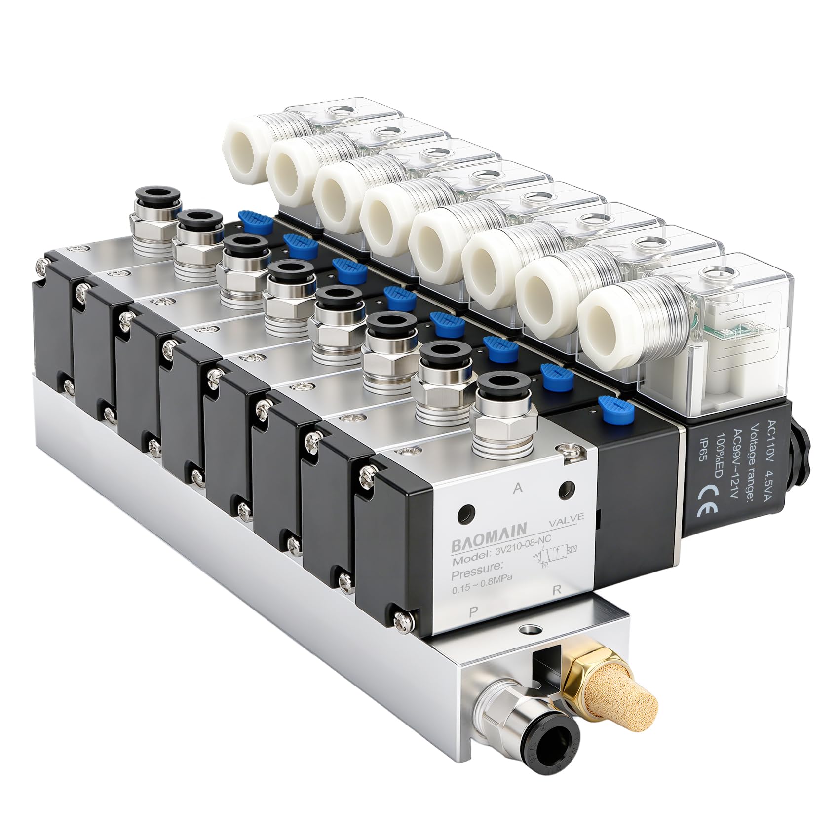 Baomain Válvula solenoide neumática de 8 espacios 3V210-08 AC 110V PT1/4 2 posiciones colector de 3 vías con silenciador de base, juego de accesorios rápidos