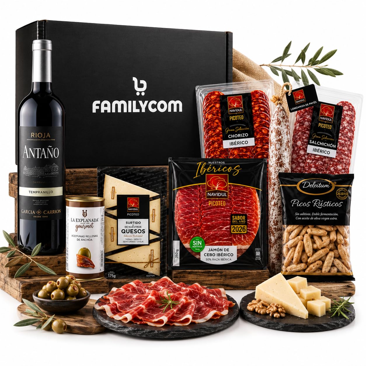 Familycom Cesta Gourmet con Ibéricos Navidul - Surtido Jamón Ibérico, Quesos, Embutidos, Aceitunas, Vino tinto