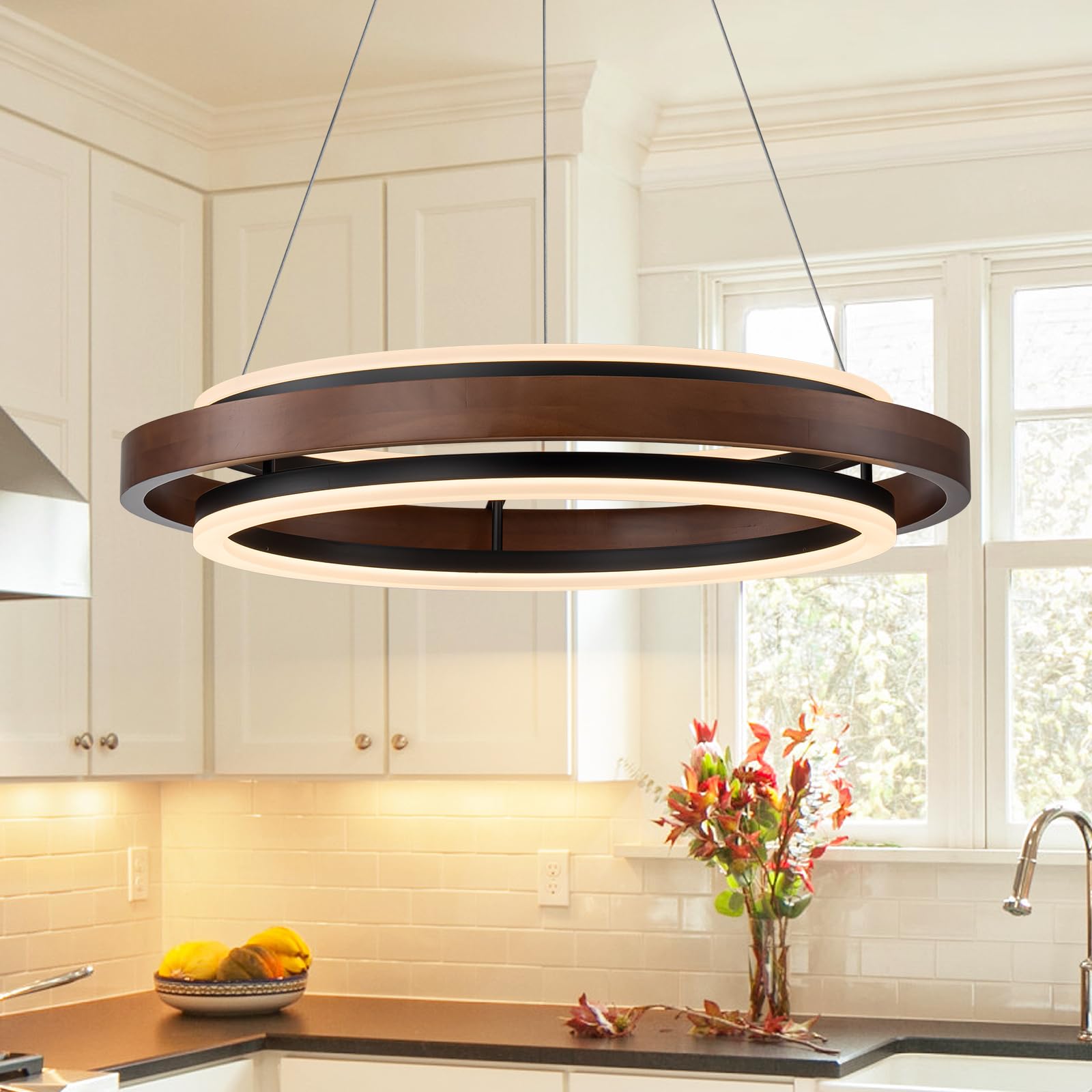 Photo 1 of HUOKU Modern Wooden LED Chandelier, 24" Dimmable Farmhouse Walnut Color Round Dining Room Light Fixtures, 2 Ring Wood Hanging Pendant Light for Kitchen Island Over Table Bedroom Office Living Room