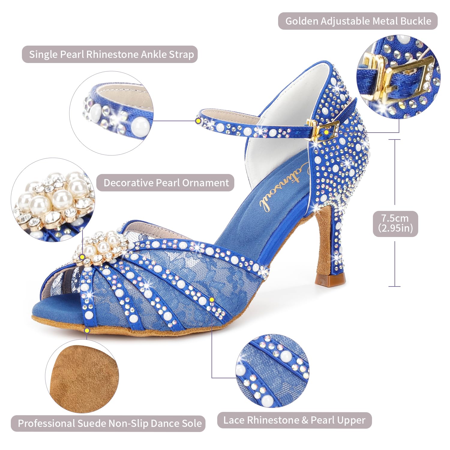 Latinsoul Y205-35 Damskie buty do tańca latino na obcasie z kryształkami regulowany pasek na kostkę eleganckie i wygodne buty taneczne