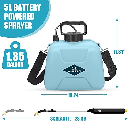 Miniatura 2 de Pulverizador eléctrico a batería, 1.35 galón5L con 3 boquillas de niebla, rociador de jardín con mango recargable USB y varita retráctil, correa de