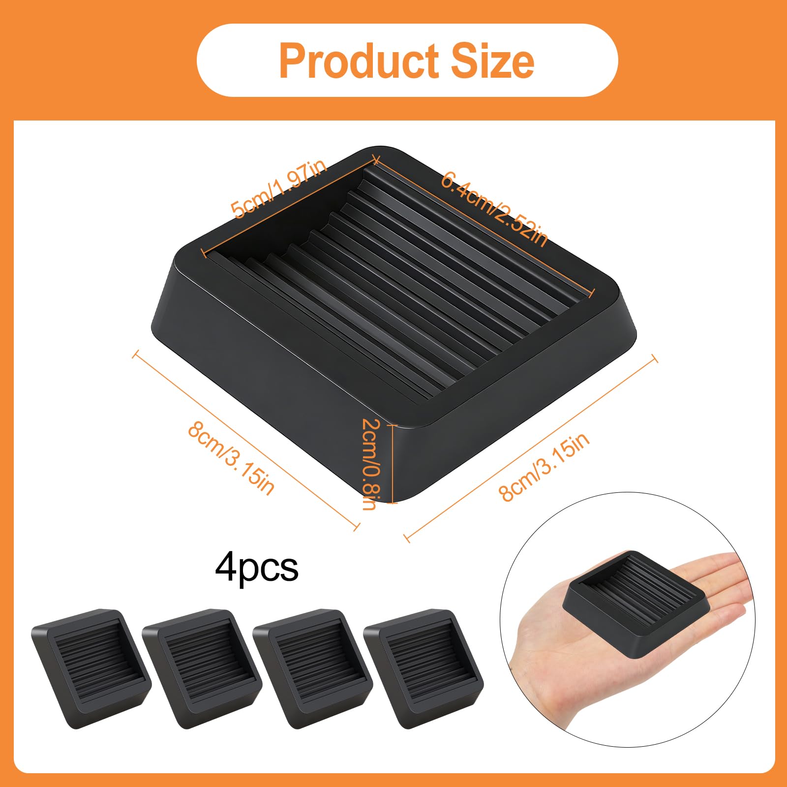4 Pezzi Coppe Bloccaruote in Gomma per Mobili, 8CM Quadrato Scanalato Design Blocca Ruote Sedia Gaming, Piano Caster Cups, Silenziosi Cuscini per Ruote Mobili, Letti, Divani e Sedie (Nero)