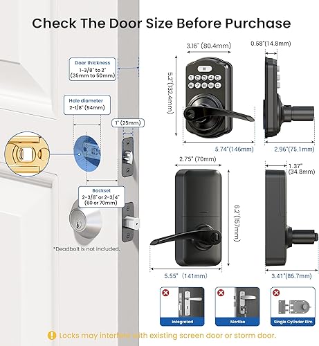 Miniatura 8 de Veise Cerradura de puerta con teclado con asa, entrada sin llave para puerta delantera y dormitorio, cerradura electrónica con código, bloqueo Negro