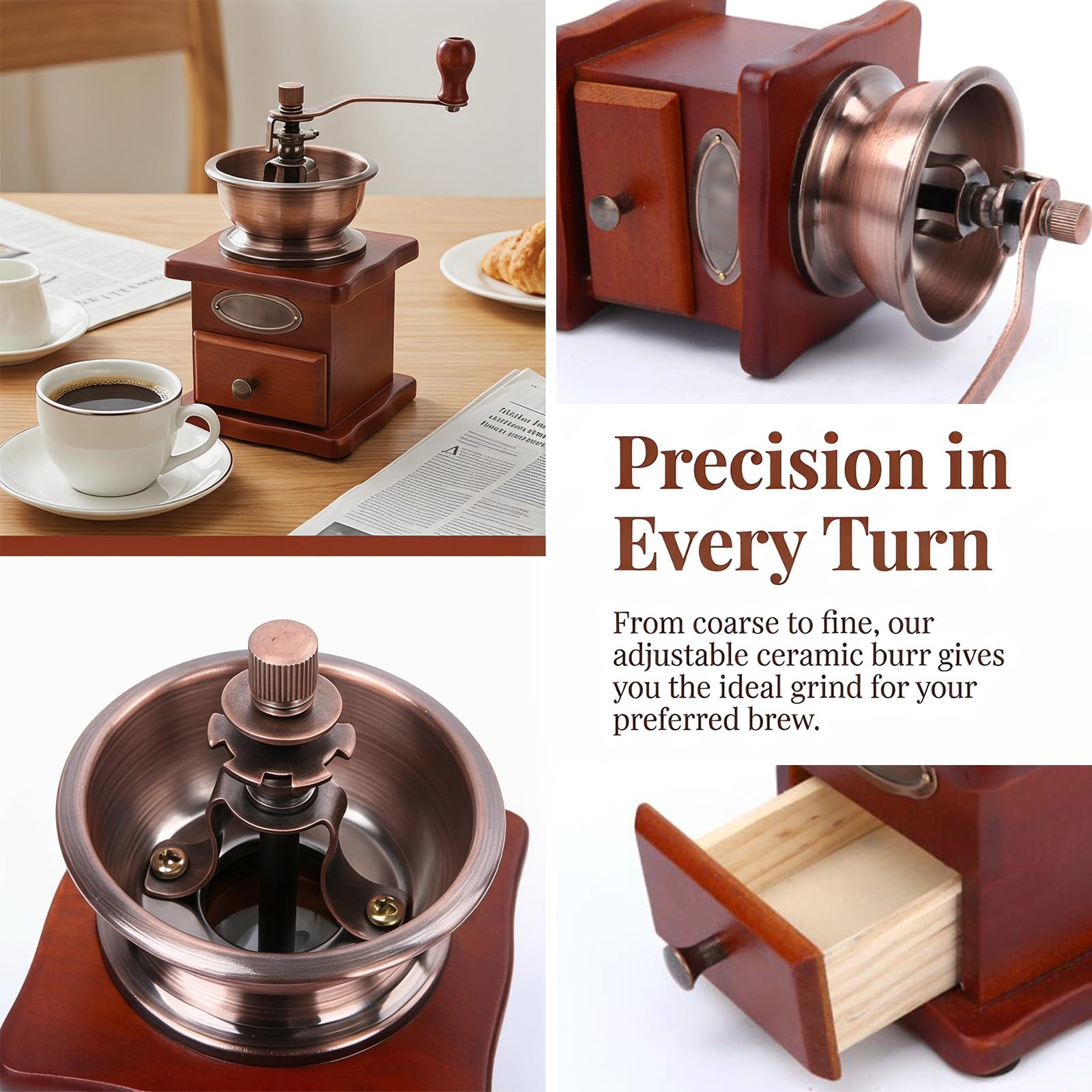Manuelle Kaffeemühle Einstellbare Grobheit Kaffeemühle Mahlwerk Kaffeebohnenmühle Vintage Holz Handmühle Handheld Kaffeemühle für Haus Küche Büro Camping Reisen