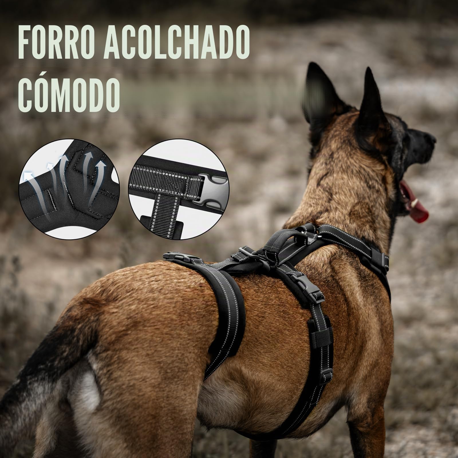 OneTigris Arnés para perros, HOUNDLOCK Arnés Táctico a Prueba de Escape Ajustable Suave Acolchado Arnés de Pecho con 1 Asa, 2 Anillas en D y Reflectante (Negro, L)