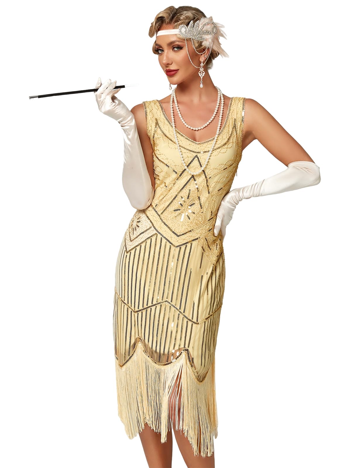Viloree Women's Champagne 1920S Gatsby Dress Sequin Paisley Flapper Tassel Glam Party Cocktail Dresses S