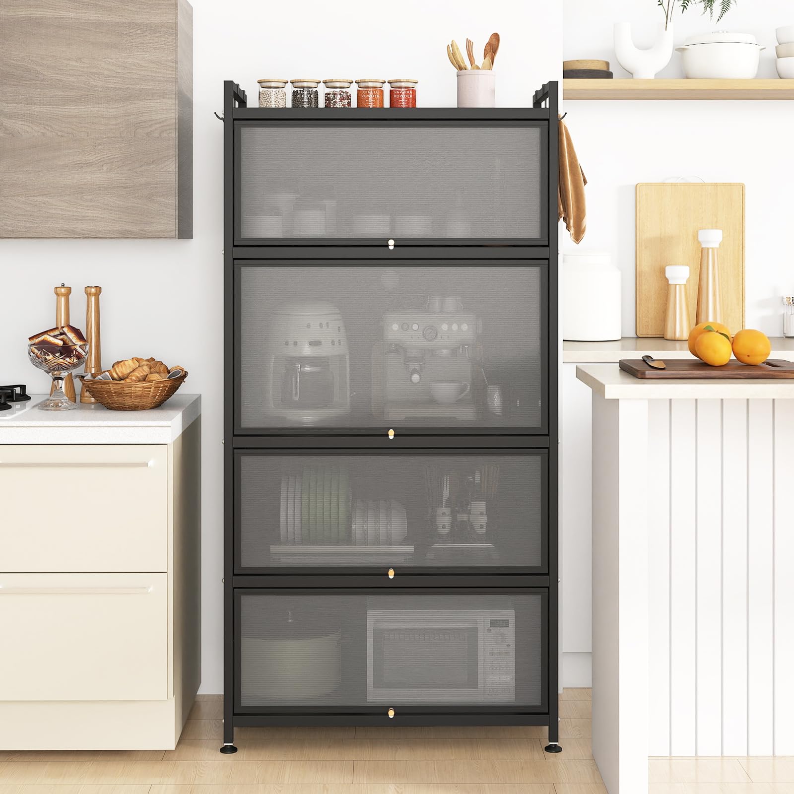 GIANTEX Aparador Buffet de Cocina con 4 Compartimentos, Armario de Metal con Puertas Abatibles, 4 Ganchos y 4 Ruedas y 4 Patas, Kit Antivuelco, 80,5x40x162cm, Estantería para Comedor, Salón (Negro)