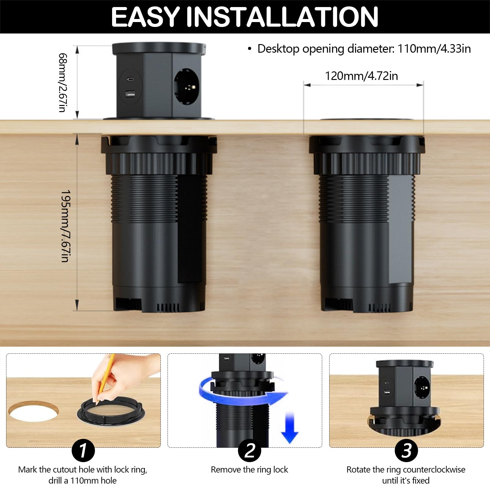 Enchufe Retráctil de 3 Enchufes, Regleta Empotrable Mesa con 15W de Carga Inalámbrica, USB C y USB A, Toma Empotrable Escritorio para Oficia, Casa y Cocina, Cable de 1,5M