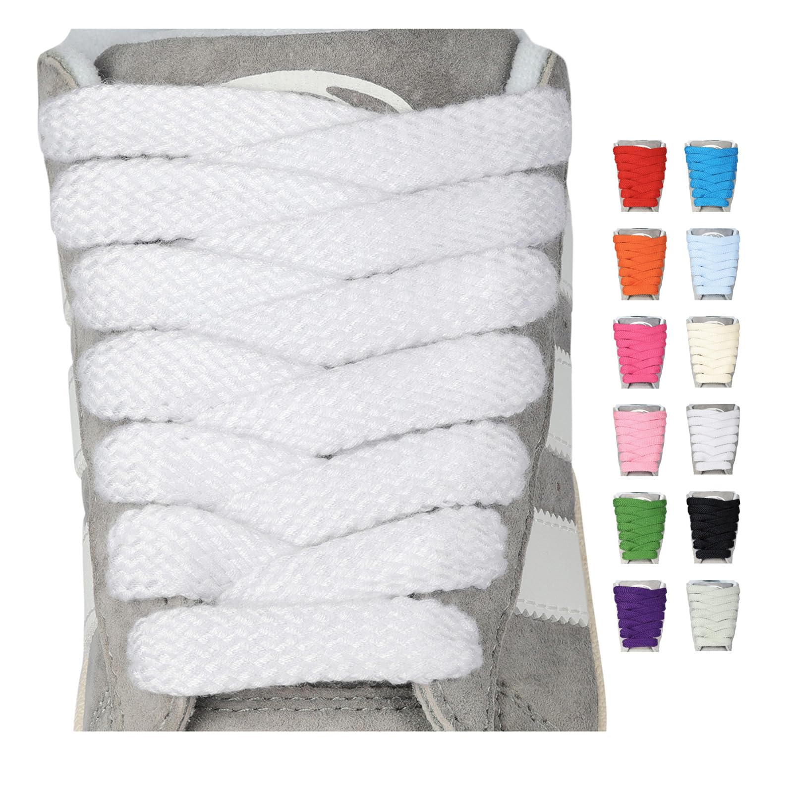 [Stepace] 2足分(4本) ファットシューレース 太い靴紐 靴ひも 極太 平紐 幅 1.5cm 黒 白 グレー 立体感 くつ紐 くつひも 100-160cm サイズ 12カラーワイド ホワイト 140