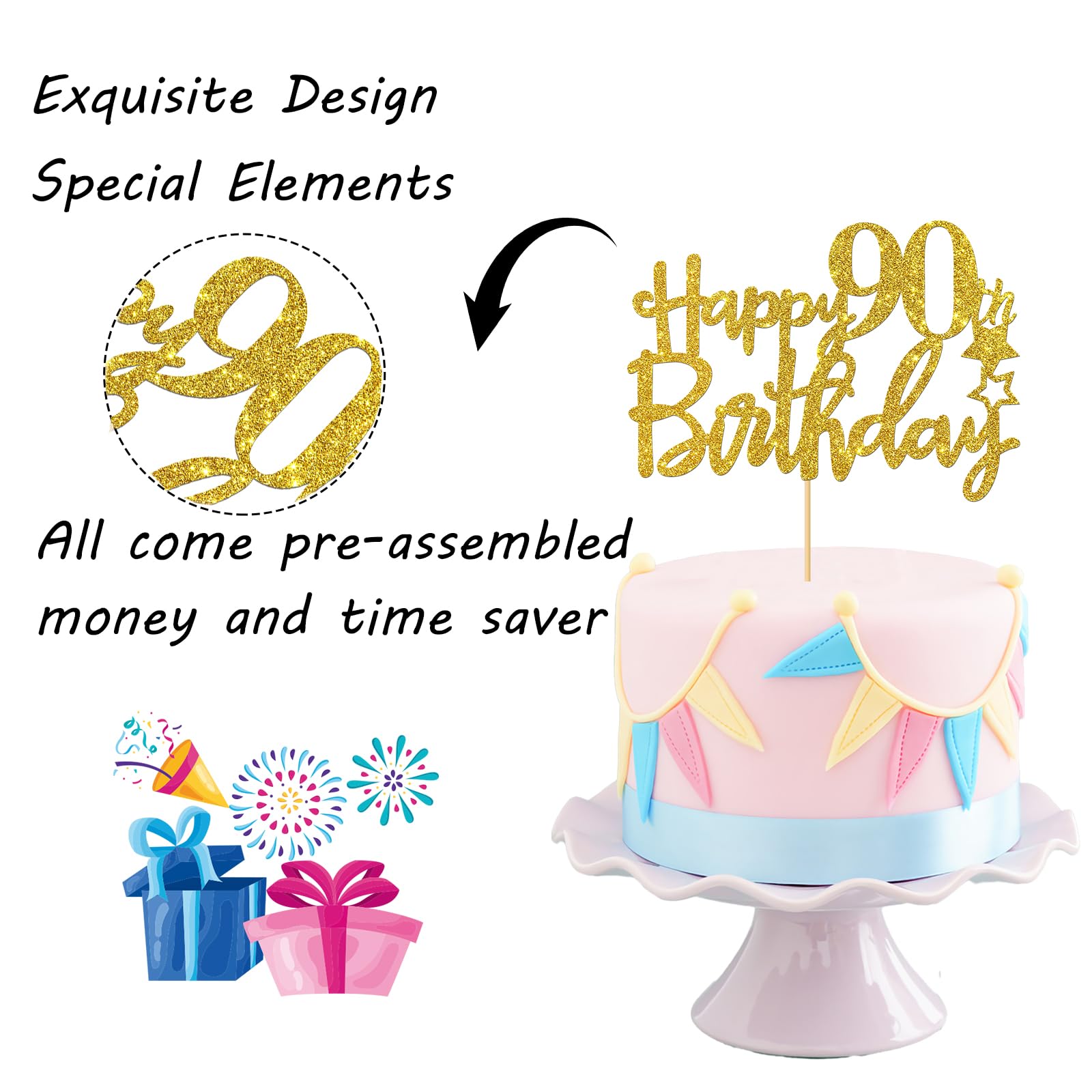 Decoraciones Para Tartas De 90 Cumpleaños, 7 Piezas Personalizables