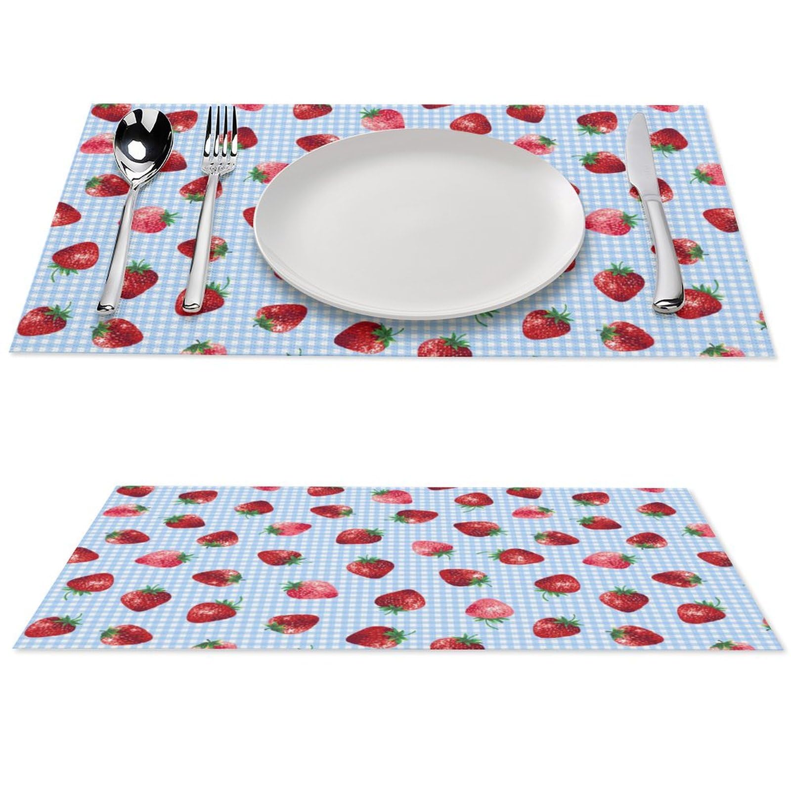 Cute Strawberry On Blue Plaid Placemats Set of 1 PCS Washable Table Runner 18" X 12" Place Mats for Kitchen Party Dining Decoration