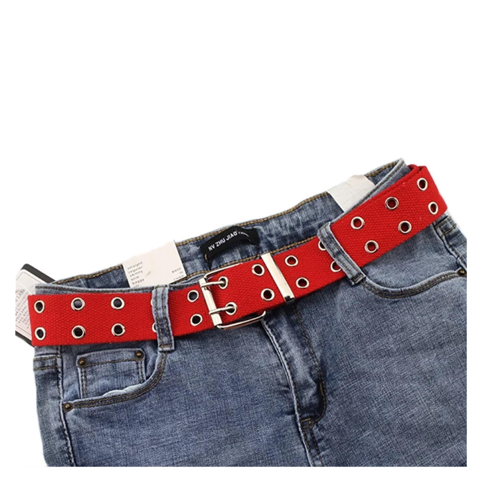 KiddiBubzi Women Studded Grommet Hole 2 Row Pin Buckle Canvas Nylon Belt Waistband(Red)