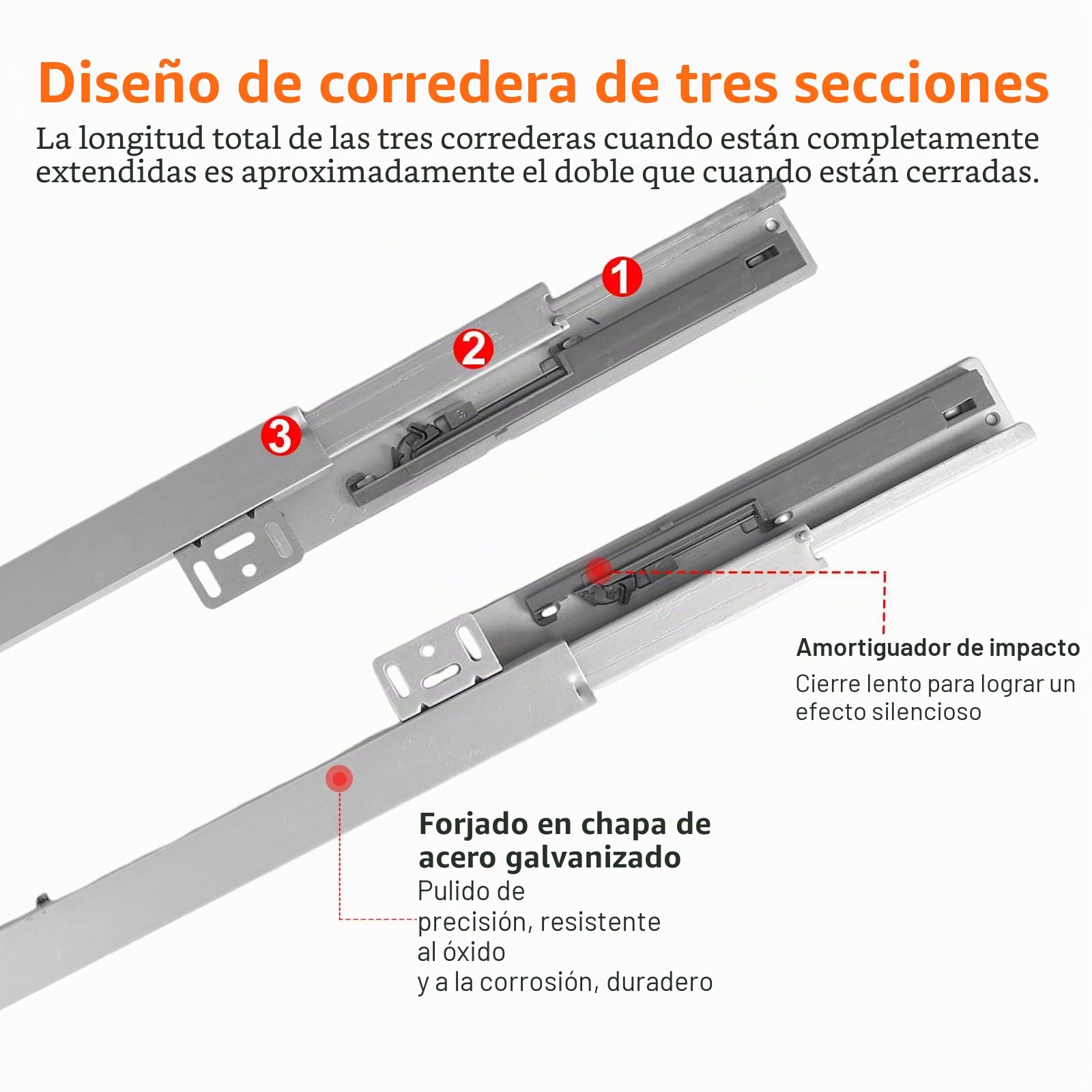 Guías de cajón de montaje inferior, guías de cajón de extracción total con capacidad de carga de 40 kg y amortiguación (55 cm (22 pulgadas))
