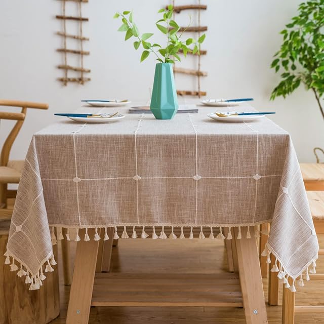 Pahajim Cotton Hessian Tablecloths Rectangular Linen Table Cloths Wrinkle Free Checkered Tassel Table Cover for Kitchen Dinning Picnic (Maroon,55x55 inch)