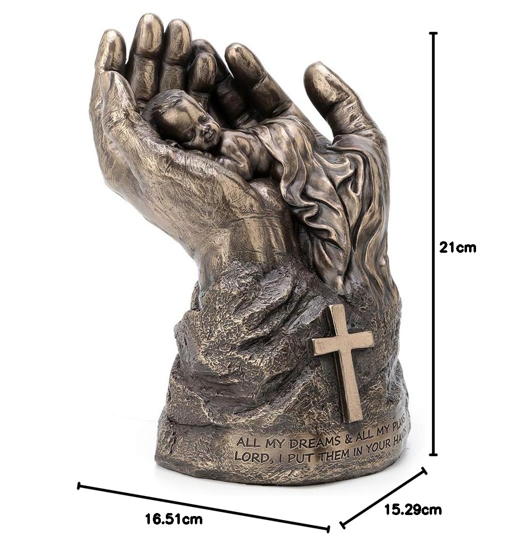Veronese Design Estatua de bebé durmiendo en manos del Señor Cruz religiosa motivacional espiritual escultura religiosa con acabado de bronce antiguo