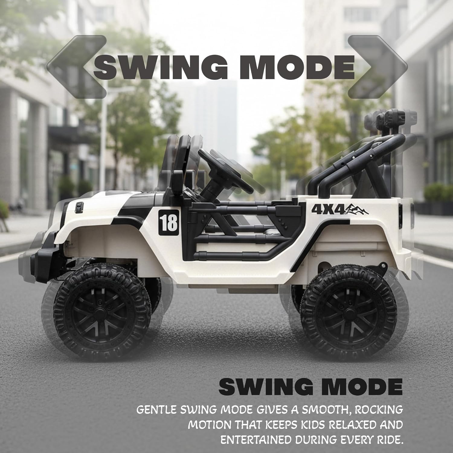 Baybee Trekker Kids Ride-On Electric Jeep | Battery Operated Car with Remote Control, LED Lights, Music & Swing Mode | Rechargeable Jeep for Toddler 3–6 Years (Black & White)